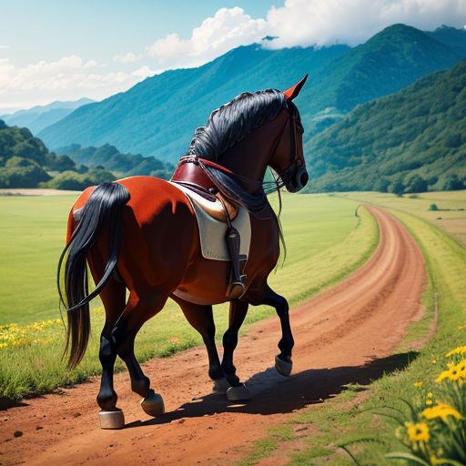 Um cavalo marrom está correndo com a palavra cavalo na frente