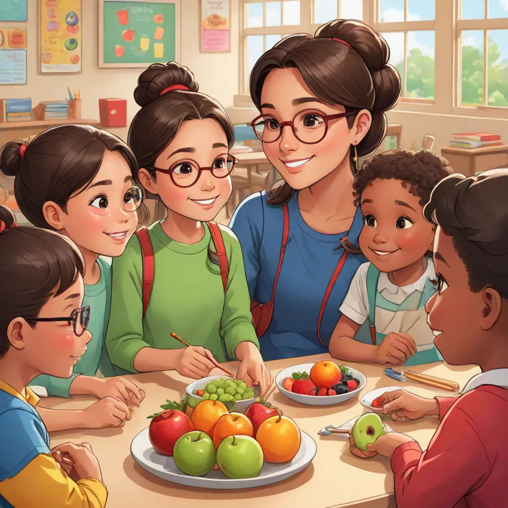 a woman and children are eating a meal together at a table in a classroom with a teacher and two children, american scene painting, a storybook illustration, Artgerm, official art