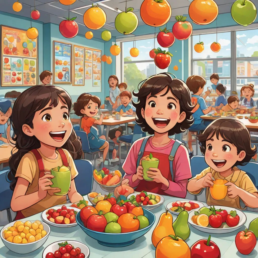a group of children eating at a table with fruit and vegetables on it and hanging from the ceiling above, lyco art, a storybook illustration, Asaf Hanuka, official art