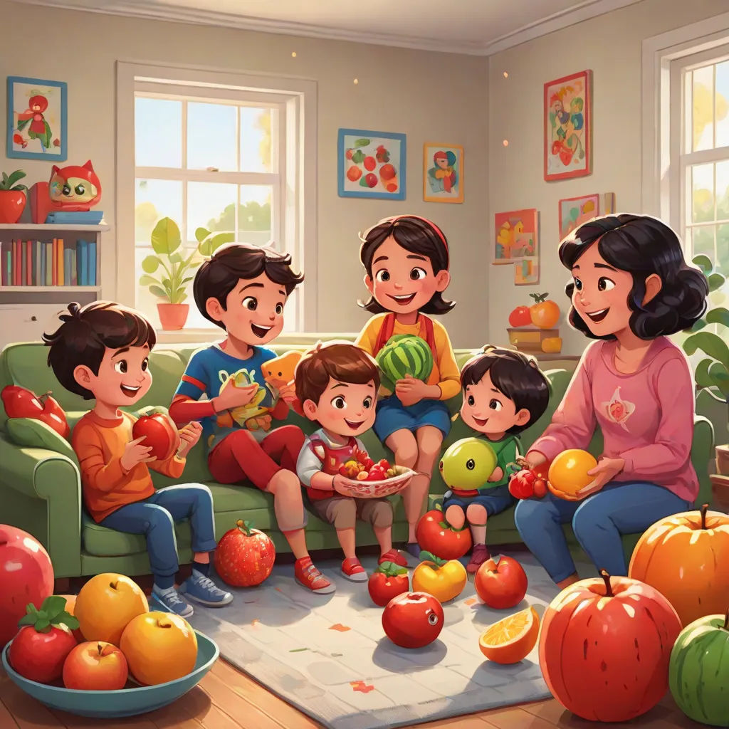 a family sitting on a couch in a living room with apples and oranges on the floor and a cat on the floor, sots art, a storybook illustration, Chris LaBrooy, official art