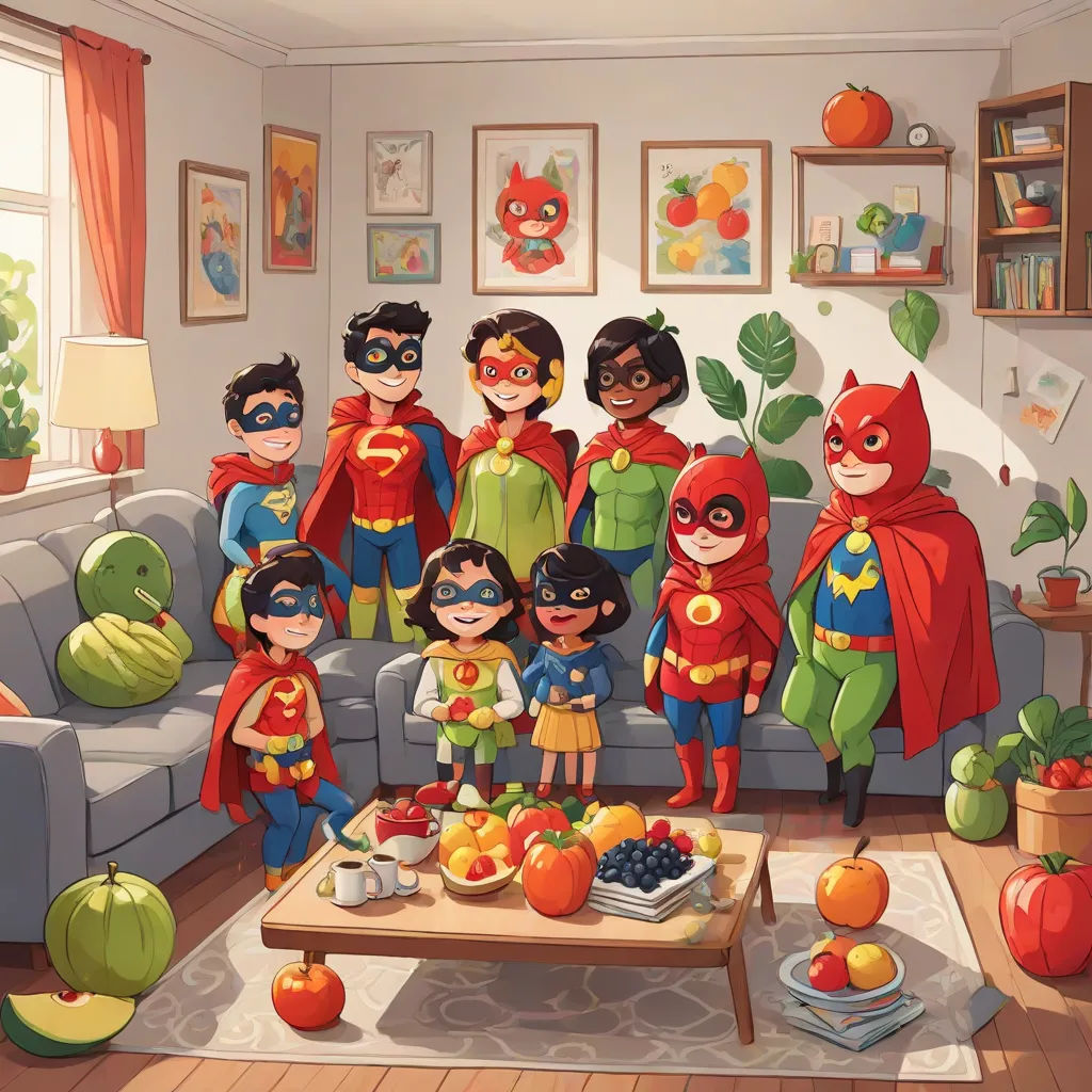 a group of children dressed up as superheros in a living room with a coffee table and fruit on the floor, superflat, a comic book panel, Artgerm, official art