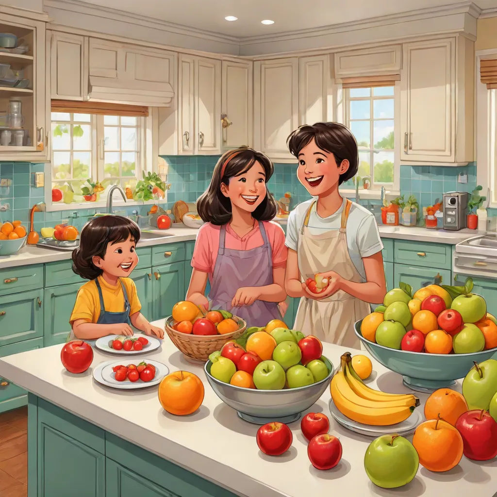 a family is preparing a meal in the kitchen together, with apples, oranges, and bananas on the counter, american scene painting, a storybook illustration, Charles McAuley, storybook illustration