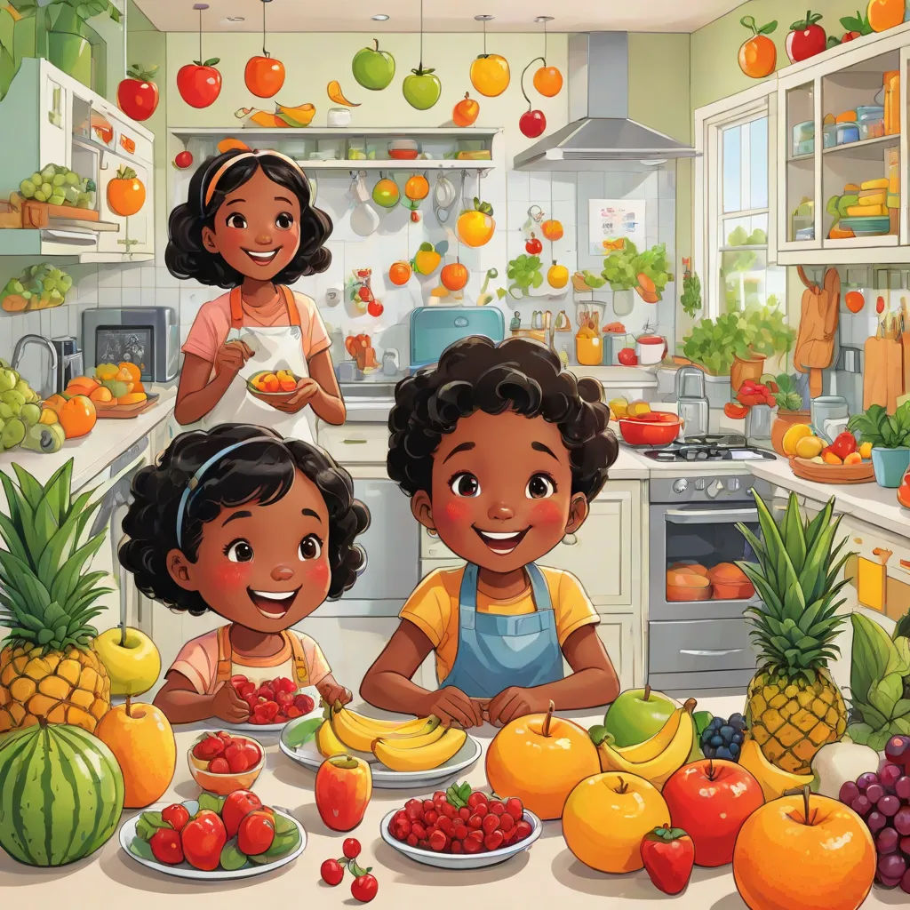 a cartoon of two children in a kitchen surrounded by fruits and vegetables, and a woman standing over a counter, lyco art, a storybook illustration, Chris LaBrooy, promotional image