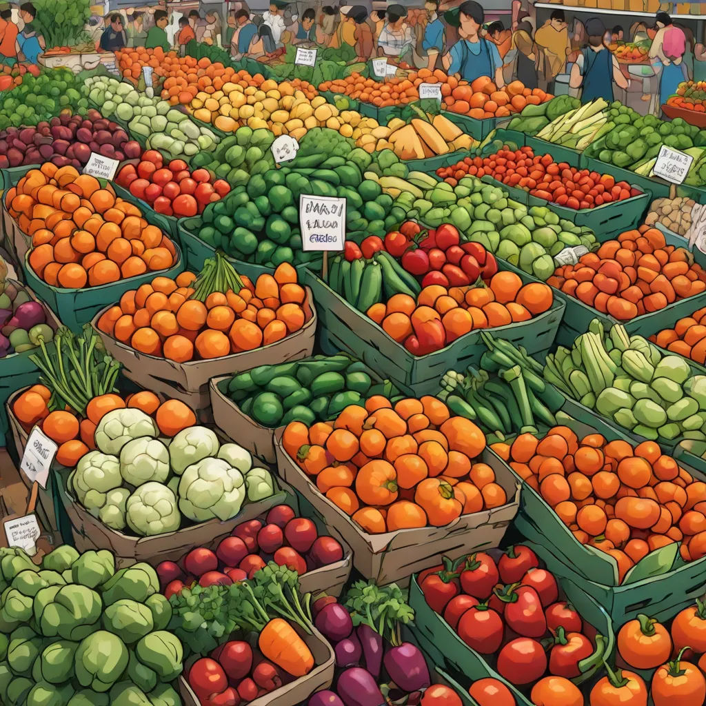 a painting of a market with many different fruits and vegetables in baskets and people in the background looking at them, photorealism, a detailed painting, Asaf Hanuka, highly detailed digital art