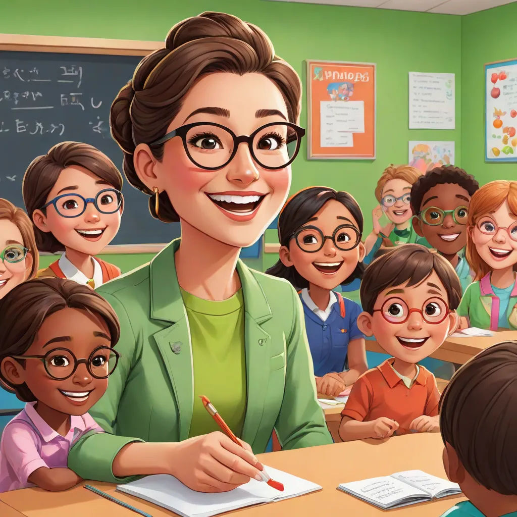 a teacher is smiling while surrounded by her students in a classroom with a chalkboard and a chalkboard, remodernism, computer graphics, Ada Gladys Killins, official art