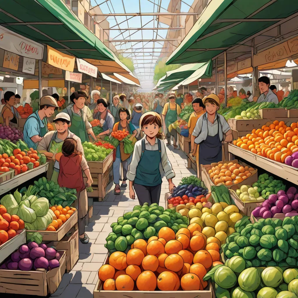 a woman walking through a market filled with lots of produce and vegetables on display in crates and boxes of fruit, photorealism, a storybook illustration, Asaf Hanuka, official art
