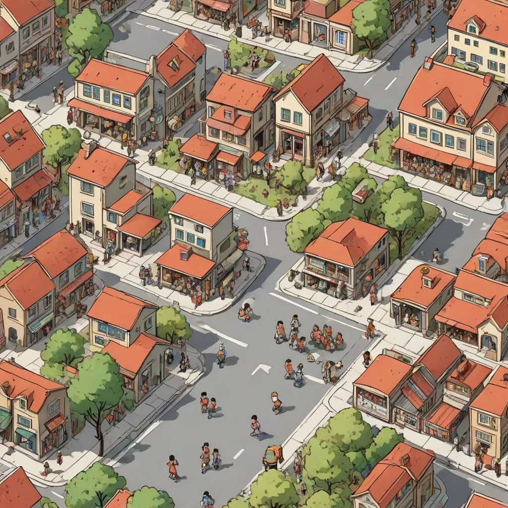 a city with lots of buildings and people walking around it and a street with people riding bikes and bicycles, american scene painting, a storybook illustration, Chris Ware, isometric