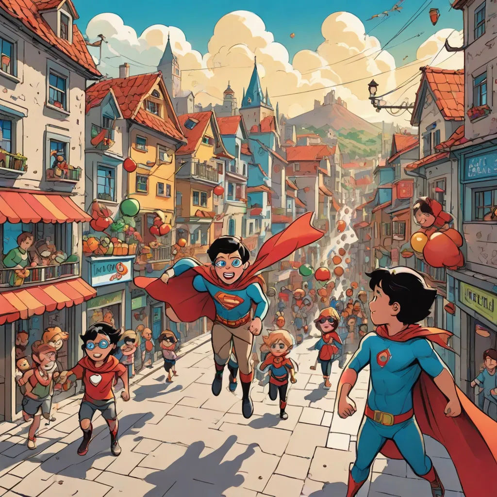 a cartoon of a boy flying through the air with a superman cape on his head and a man in a red cape, superflat, a comic book panel, Asaf Hanuka, josan gonzales and dan mumford