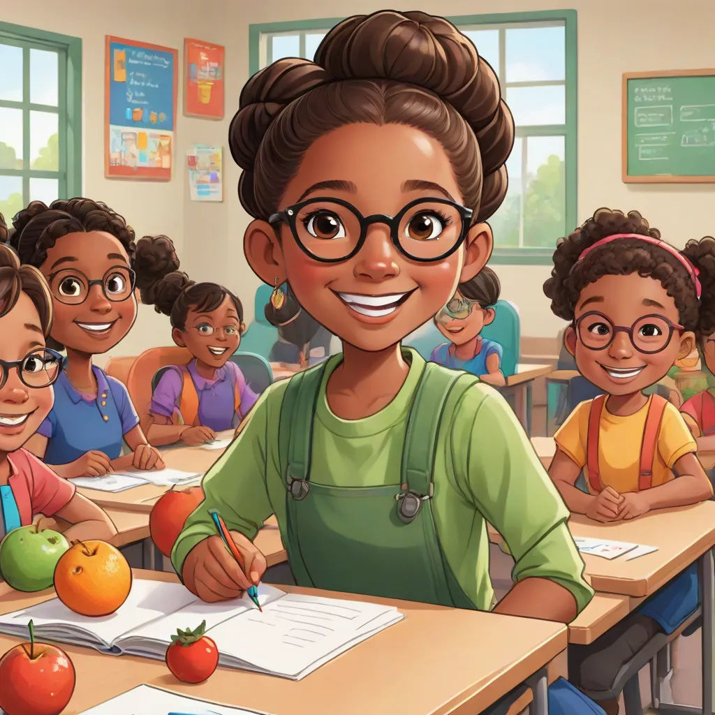 a cartoon girl is smiling while sitting at a desk with her students in the classroom behind her is a clipboard with a notepad and pencil, afrofuturism, a storybook illustration, Ella Guru, official art