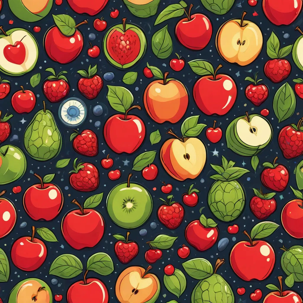 a bunch of apples and other fruits on a blue background with leaves and berries on it, all in a pattern, generative art, a jigsaw puzzle, Annabel Kidston, berries