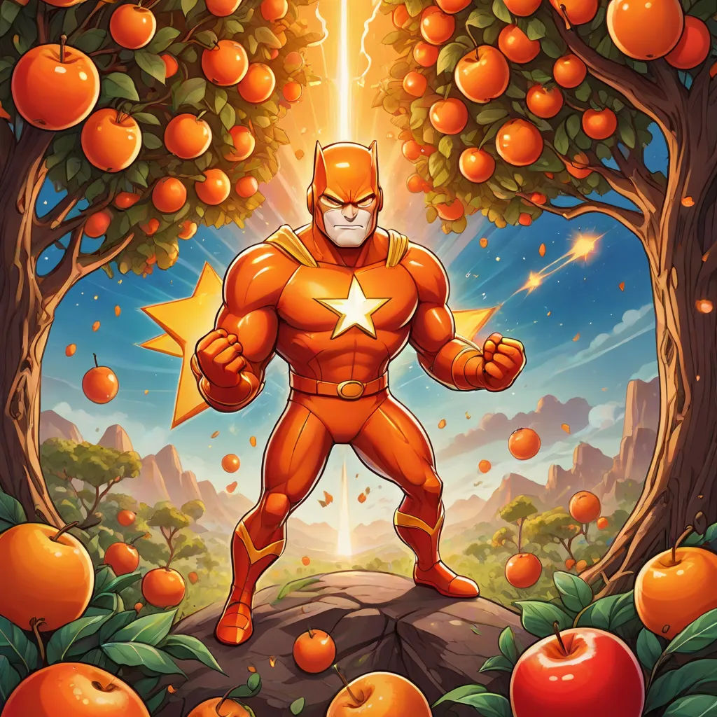 a cartoon character standing in front of an apple tree with an orange background and a star in his hand, fantasy art, poster art, Chris LaBrooy, comic cover art
