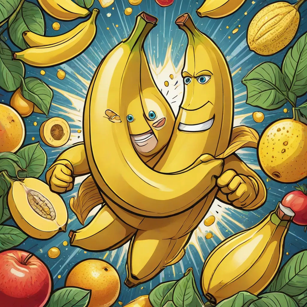 a couple of bananas are hugging in a bunch of fruit and leaves with a blue background with a starburst, pop surrealism, poster art, Chris LaBrooy, hi - fructose