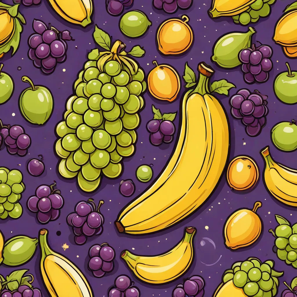 a bunch of fruit is shown on a purple background with green and yellow grapes, bananas, and oranges, maximalism, vector art, Chris LaBrooy, colorful flat surreal design