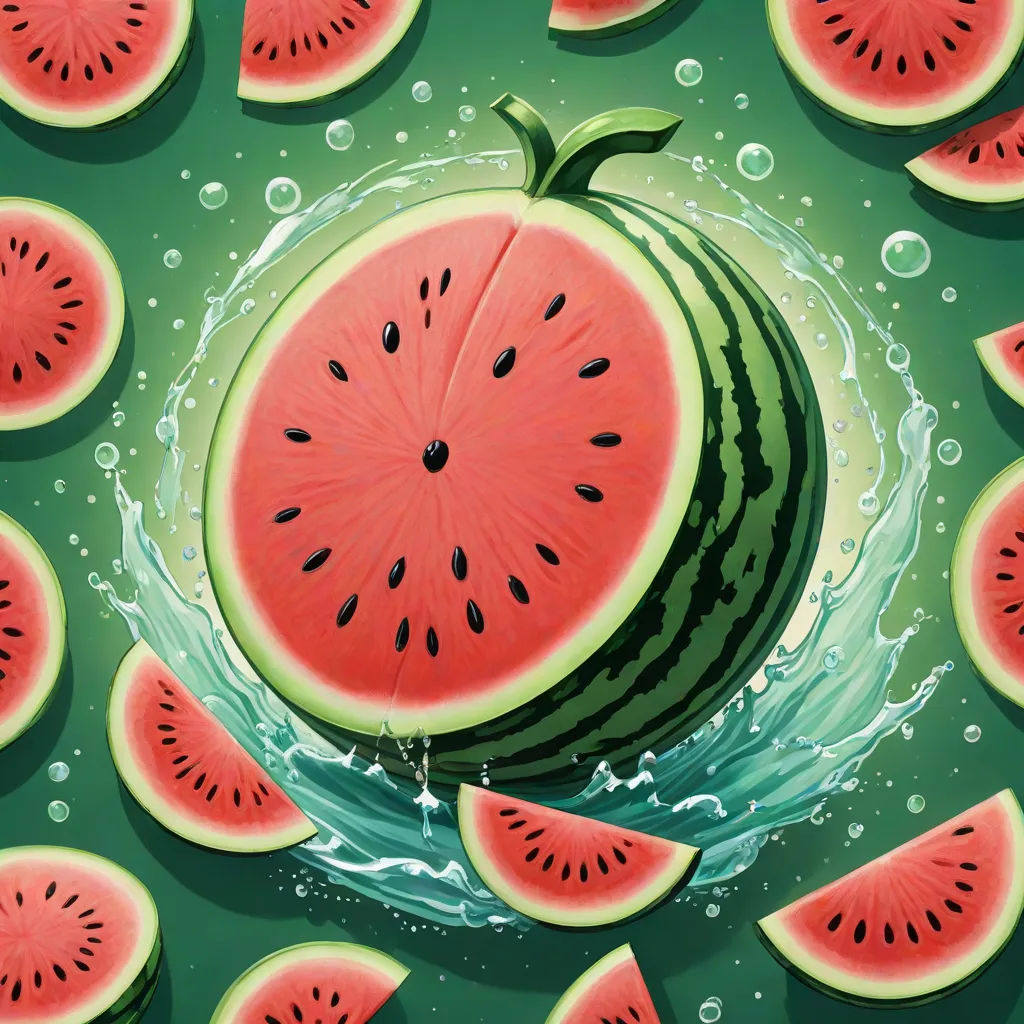 a watermelon with slices of watermelon falling into the water and splashing on it's surface, pop surrealism, an illustration of, Chris LaBrooy, detailed illustration