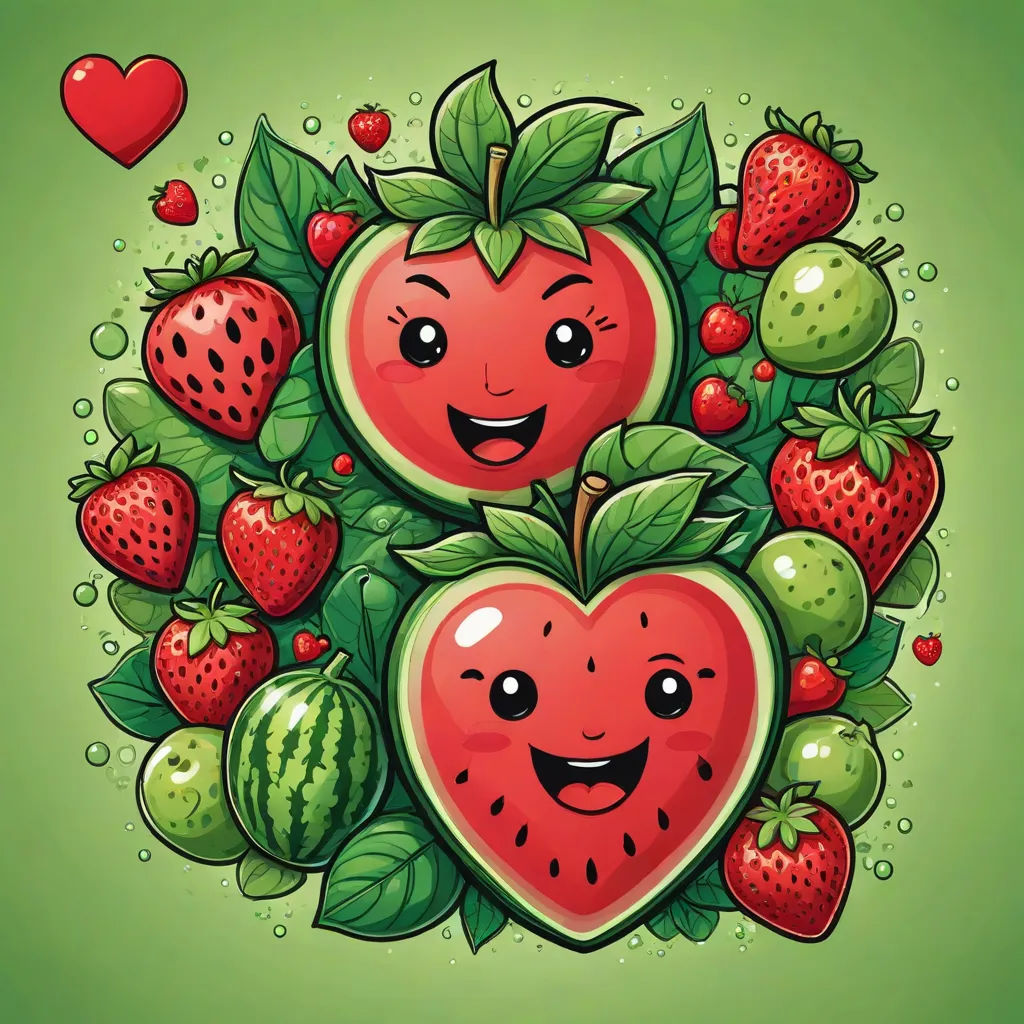 a bunch of fruit with faces on them and hearts around them, all in the shape of a heart, lyco art, vector art, Claire Dalby, hi - fructose