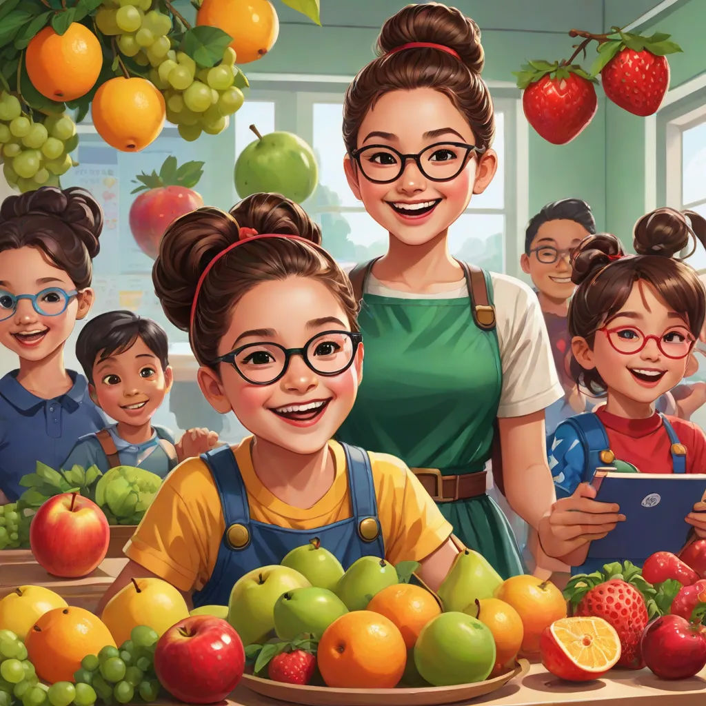 a woman and two children standing in front of a table of fruit and vegetables with a tablet in front of them, socialist realism, a storybook illustration, Artgerm, stanley artgerm lau