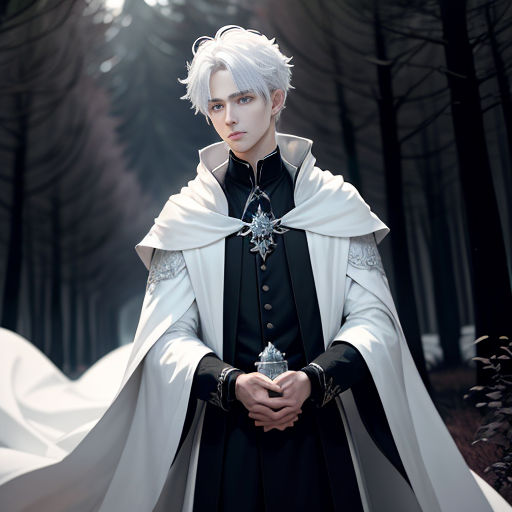 a man dressed in a white and black outfit standing in a forest with a sword in his hand and a cloak over his shoulder