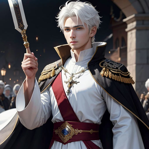 a man in a white and black outfit holding a sword and a sword in his hand with a crowd behind him