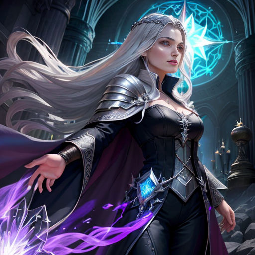 a woman in a black dress with a purple cape and a sword in her hand, standing in front of a castle