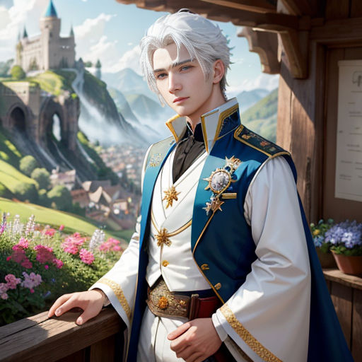 a man in a white and blue outfit standing next to a flower garden and a castle in the background