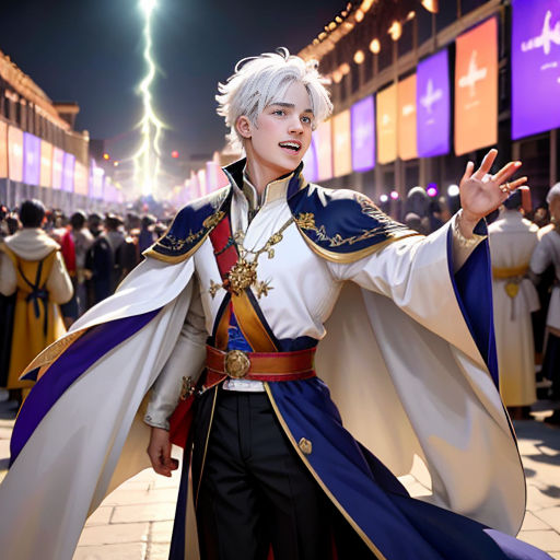 a man dressed in a costume standing on a street corner with his arms outstretched in the air and his hands out