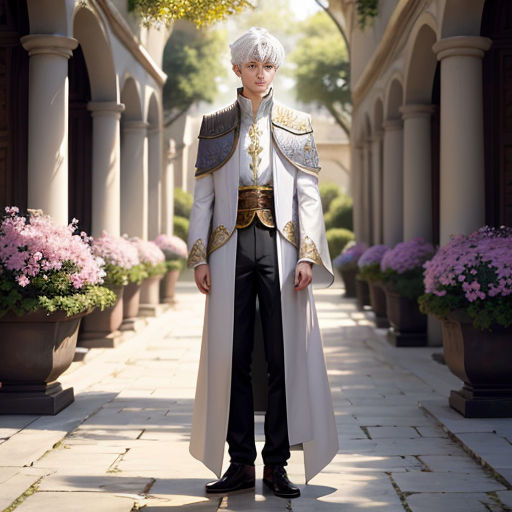 a man in a white coat and black pants standing in a courtyard with flowers and trees in the background
