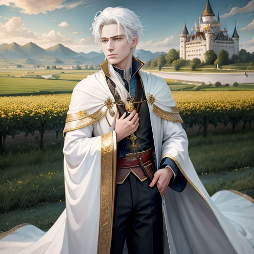 a man in a white and black outfit standing in front of a field of flowers and a castle in the background