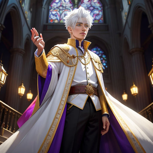 a man in a white and purple outfit standing in front of a stained glass window with a purple cape