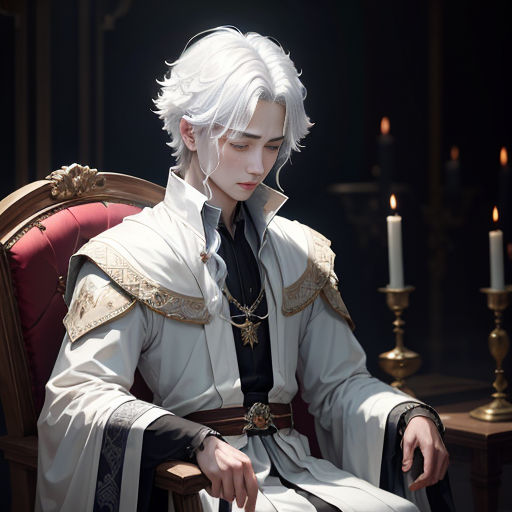 a man in a white outfit sitting in a chair with a candle in the background and a candle lit room behind him