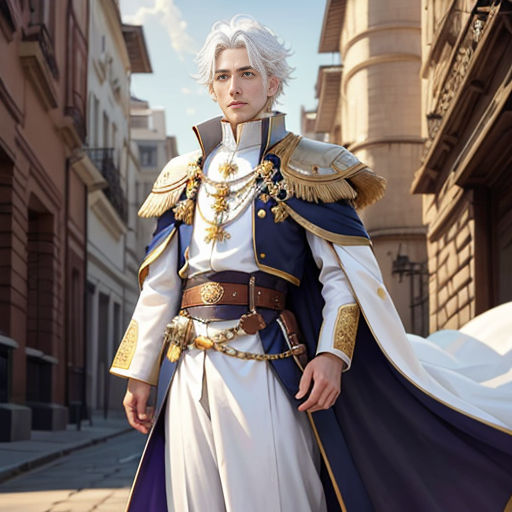 a man in a white and blue outfit standing on a street with a cape on his head and a cape on his shoulder