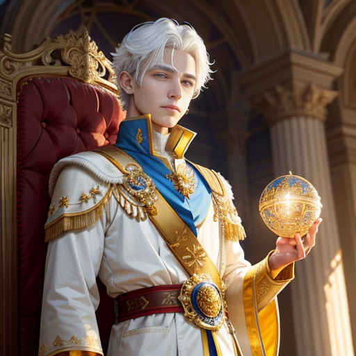 a man in a white and gold outfit holding a golden ball in his hand and a red chair in the background