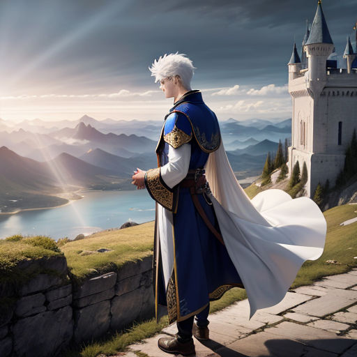 a man dressed in a blue and white outfit standing on a hill overlooking a castle with a lake and mountains