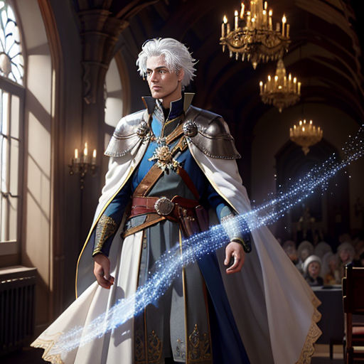 a man in a blue and white outfit standing in a room with a chandelier and a chandelier