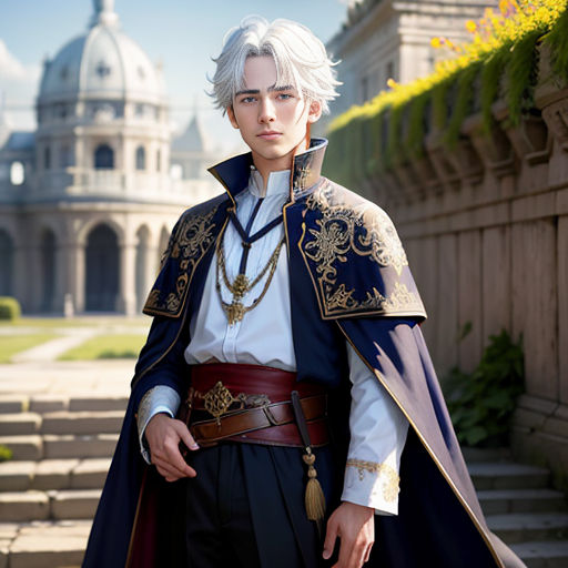 a man dressed in a costume standing on a set of stairs in front of a building with a clock tower