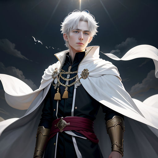 a man in a black and white outfit with a white cape and a red belt and a white cape