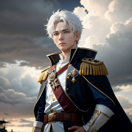 a man in a military uniform standing in front of a cloudy sky with clouds in the background and a castle in the background