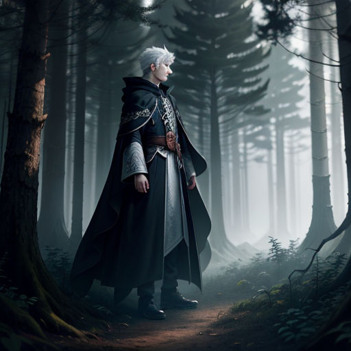 a man in a black coat and a white hair standing in a forest with trees and fog on the ground