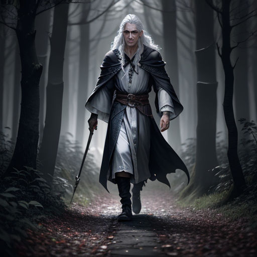 a man in a white outfit walking through a forest with a sword in his hand and a sword in his hand