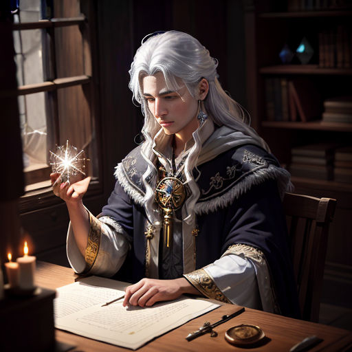 a woman in a medieval costume holding a sparkler in her hand while sitting at a table with a book