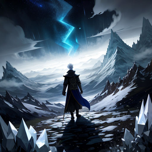 a man standing on a mountain looking at a star in the sky above him and a mountain in the background
