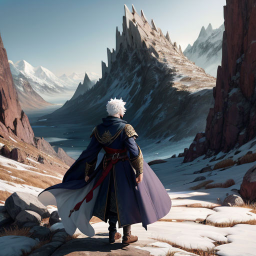 a man in a blue coat and a white hair standing on a snowy mountain side with a mountain range in the background