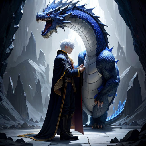 a man in a cape standing next to a dragon in a cave with a man in a cape on his shoulder