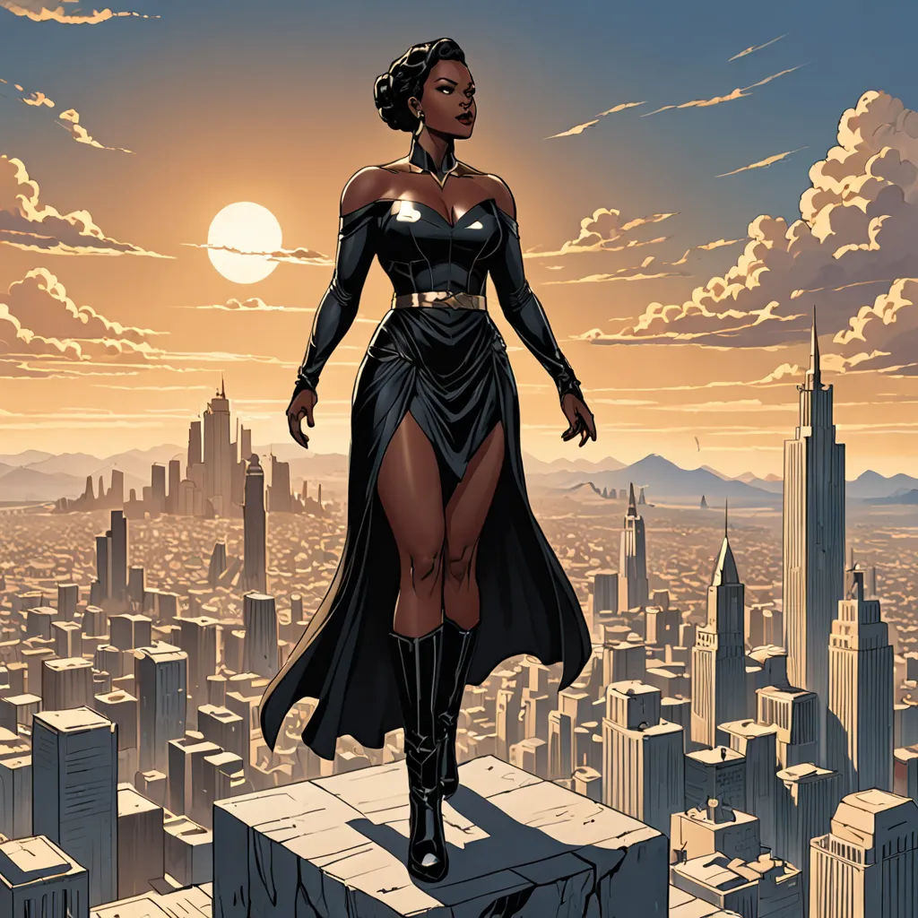 a woman in a black dress standing on a ledge in front of a cityscape with a sun setting, afrofuturism, a comic book panel, Chinwe Chukwuogo-Roy, comic cover art