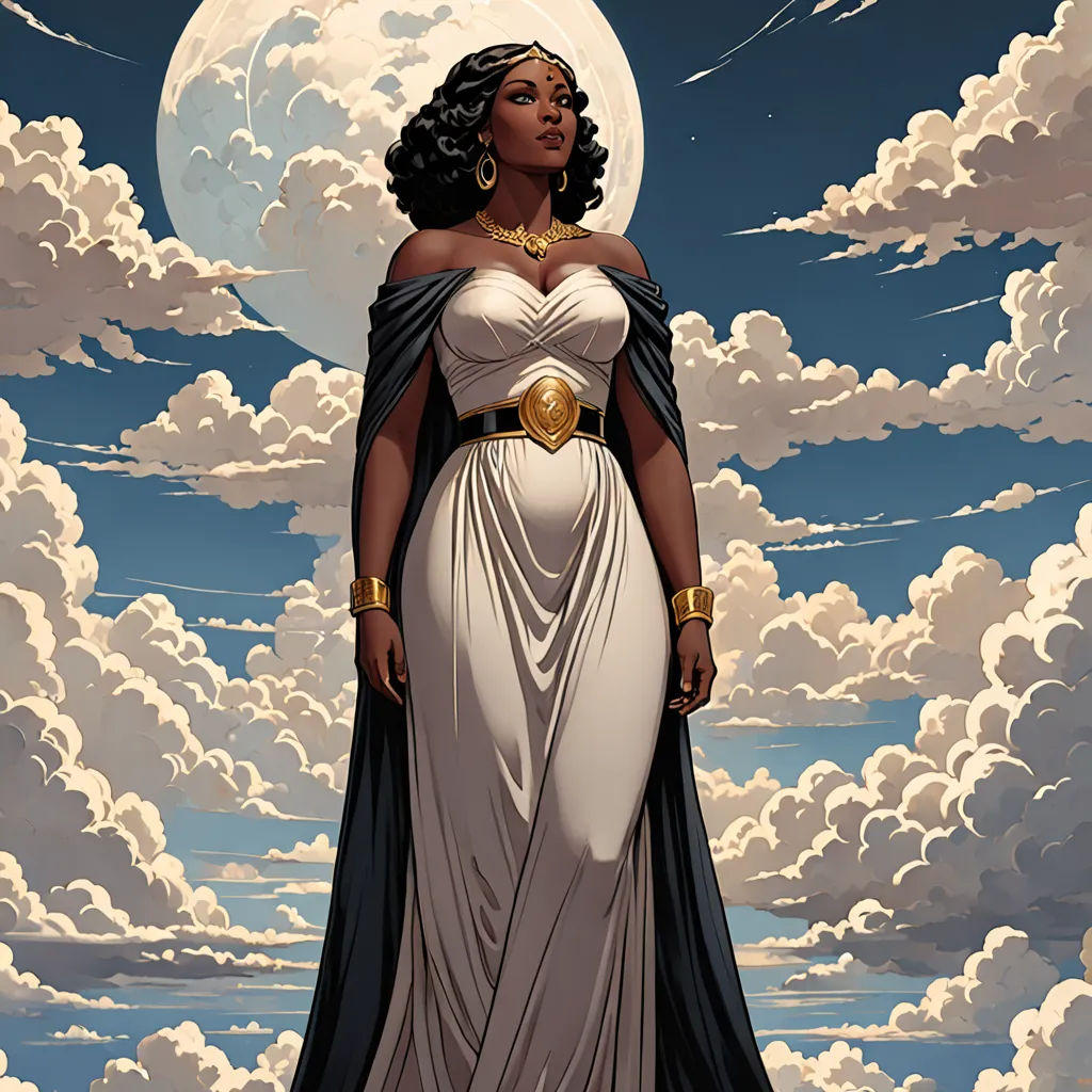 a woman in a white dress standing in front of a cloudy sky with a full moon behind her and a black cape on her shoulders, afrofuturism, a comic book panel, Art of Brom, kinkade