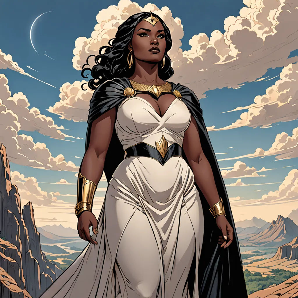 a woman in a white dress and gold jewelry standing in front of a mountain range with clouds in the background, afrofuturism, a comic book panel, Chinwe Chukwuogo-Roy, comic cover art