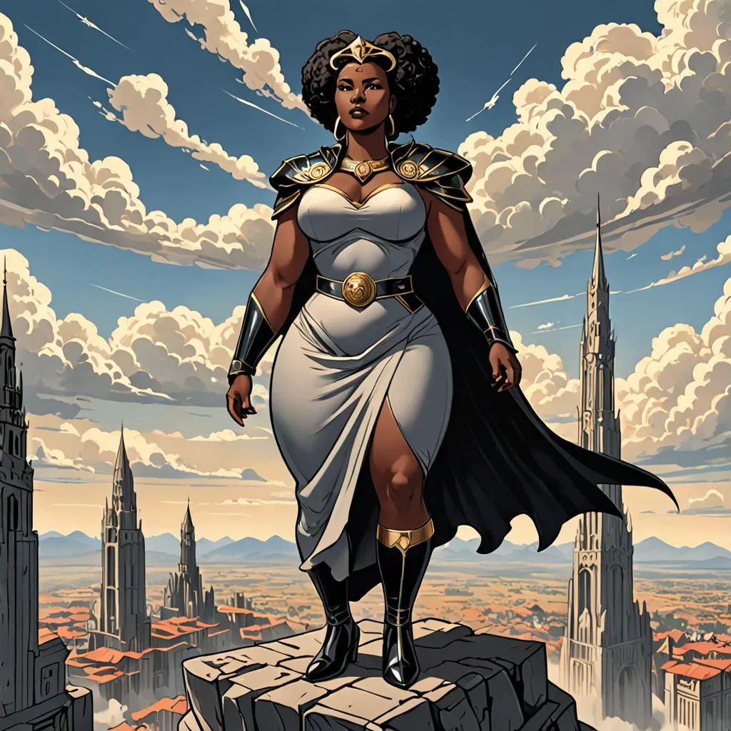 a woman in a white dress standing on a ledge with a city in the background and clouds in the sky, afrofuturism, a comic book panel, Donato Giancola, comic cover art
