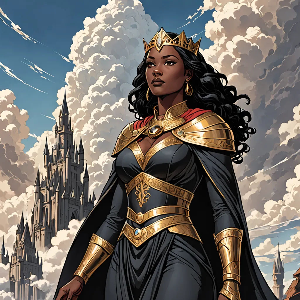 a woman in a black and gold outfit standing in front of a castle with clouds in the background and a castle in the background, fantasy art, a comic book panel, Donato Giancola, magic the gathering artwork