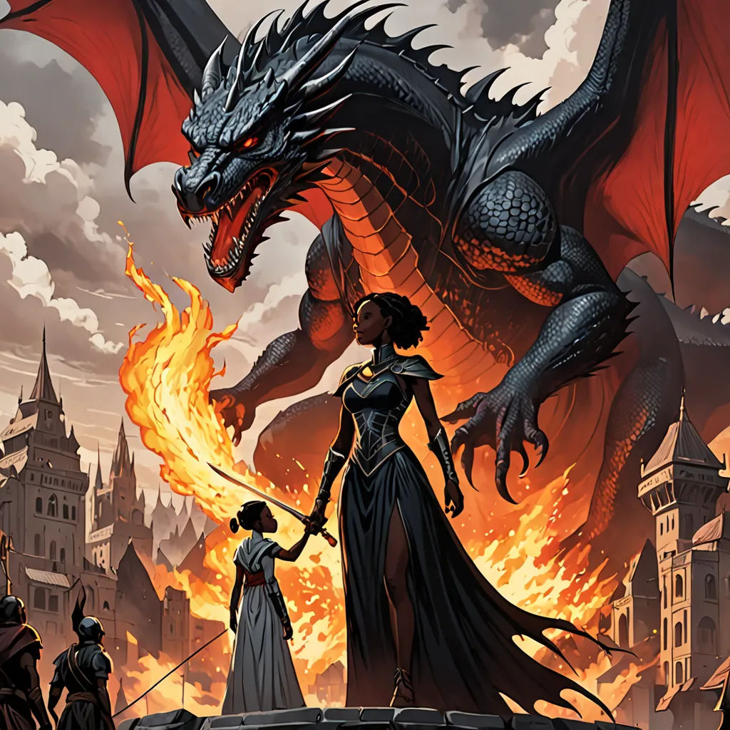 a woman standing next to a dragon on a city street with a fire in her hand and a man standing next to her, fantasy art, a comic book panel, Clint Cearley, magic the gathering artwork