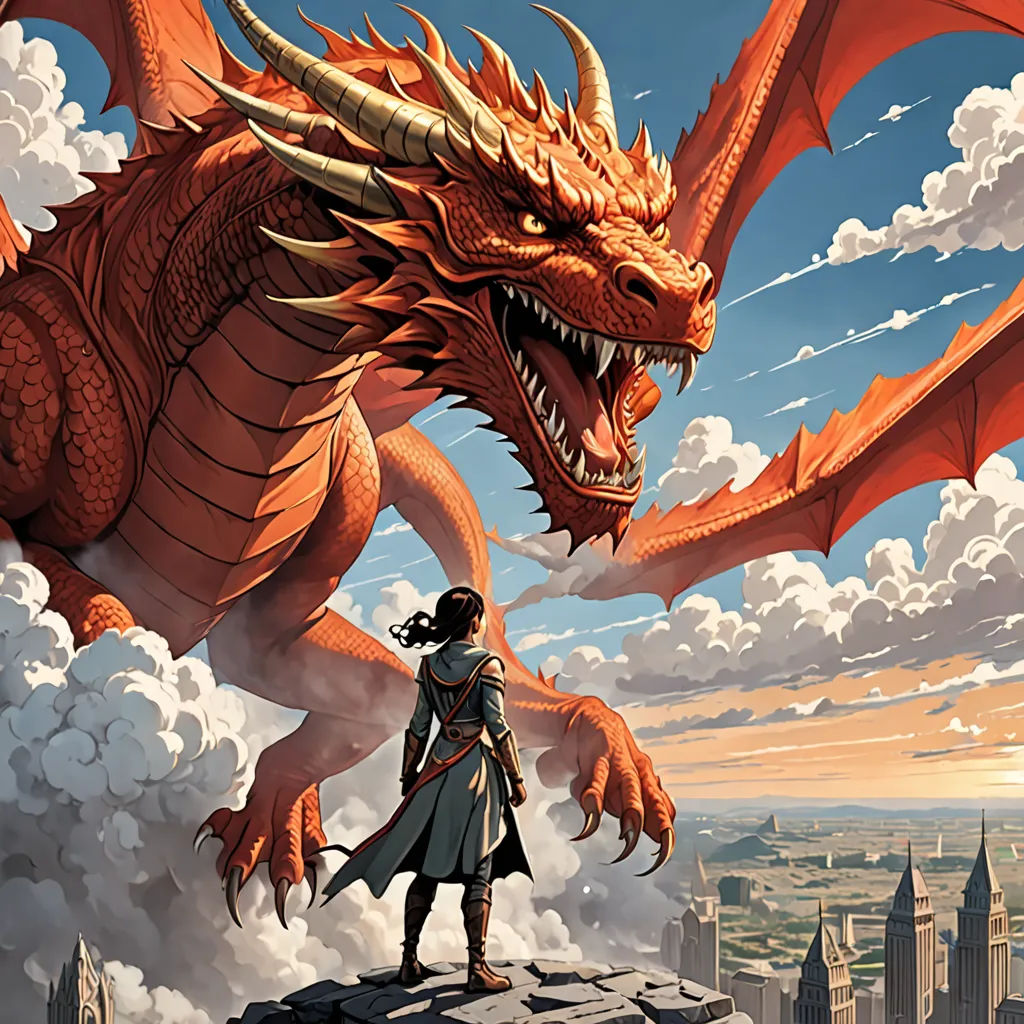 a man standing on a ledge next to a dragon with a sword in his hand and a city in the background, fantasy art, a comic book panel, Clint Cearley, dragon art