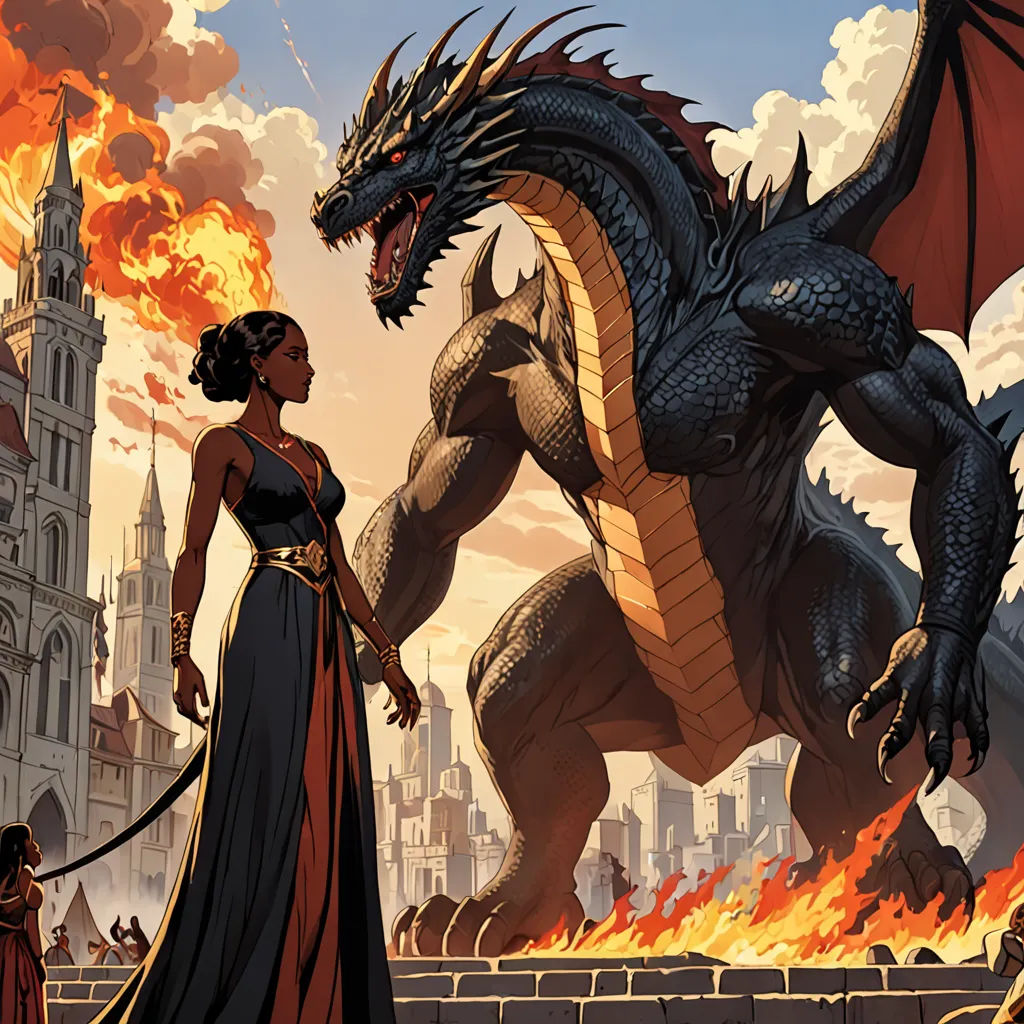 a woman in a long dress standing next to a dragon on a city street with a fire in the background, fantasy art, a comic book panel, Clint Cearley, mars ravelo and greg rutkowski